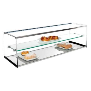 Vitrina neutra de cristal recto con estante y base de acero inoxidable
