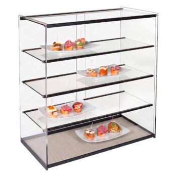 Vitrina expositora vertical con tres estantes y puertas correderas